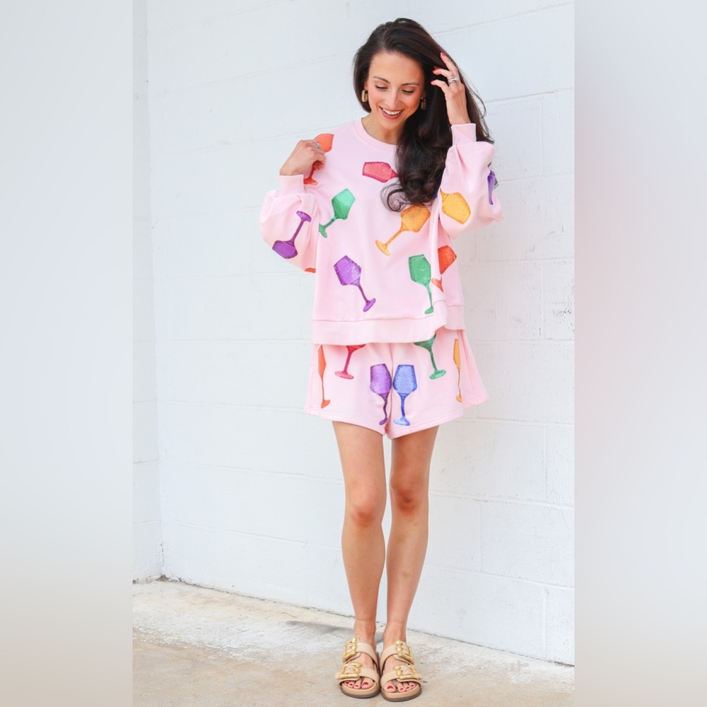 QUEEN OF SPARKLES Sequin WINE GLASS Light Pink Sweatshirt NWT - Picture 5 of 6